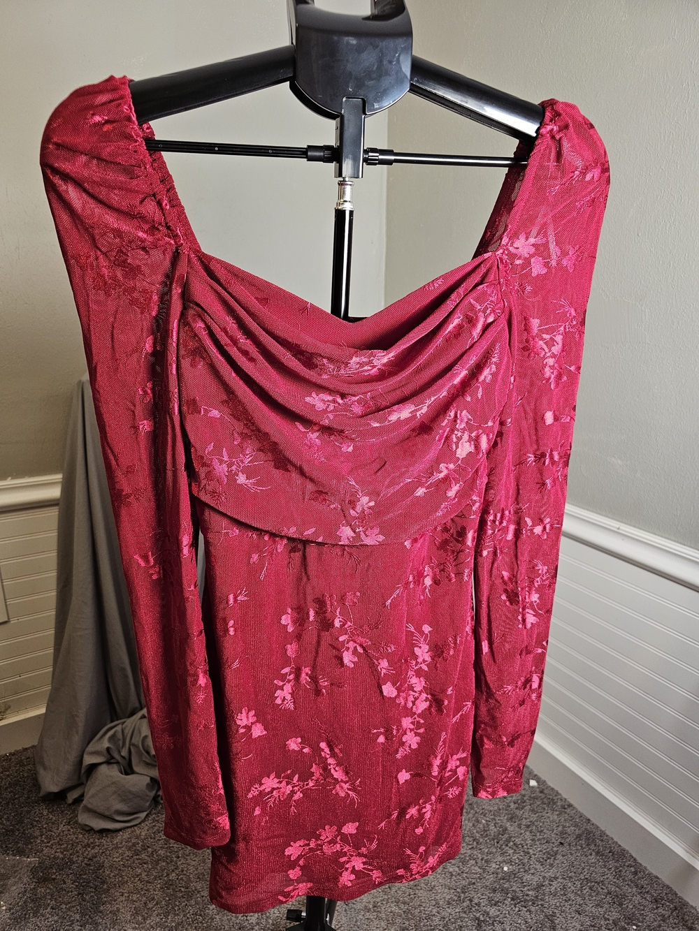 Lulu's Red Floral Cowl-Neck Long Sleeve Dress